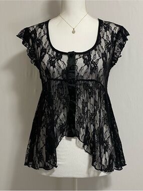 Vintage Sheer Black Lace Flutter Sleeve Top